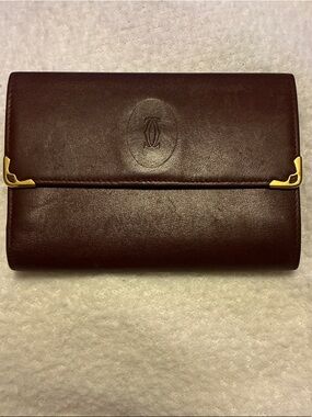 Cartier Burgundy Leather Wallet/Kiss lock with Gold-Tone Corners